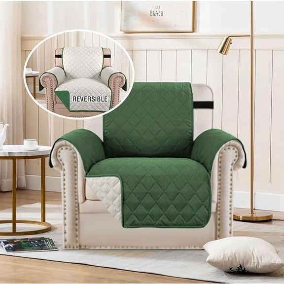 Water Resistant Dog Chair Cover Reversible Chair Couch Slipcover Quilted Furniture Protector with Elastic Strap Washable Chair Cover for Living Room(Armchair, Christmas Green/Beige)