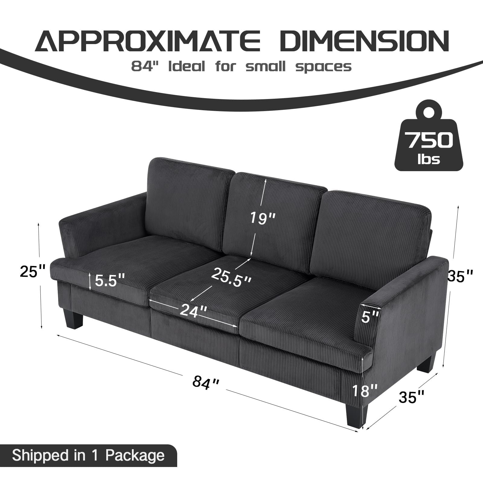 84" Mid Century Modern 3 Seater Sofa Couch, Deep Seat Corduroy Upholstered Sofa with Armrests for Living Room, Bedroom & Apartment, Dark Gray