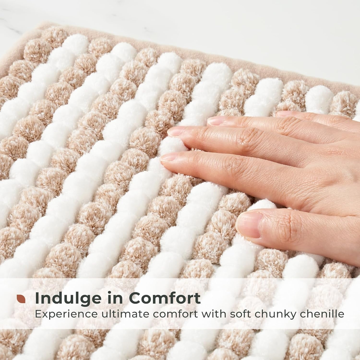 FRESHMINT Chunky Ombre Chenille Bathroom Rug 20''x32'', Water Absorbent Soft Bath Rugs for Bathroom Floor, Thick Non Slip Bath Mat Washable Quick Dry Shower Mats, Beige and White