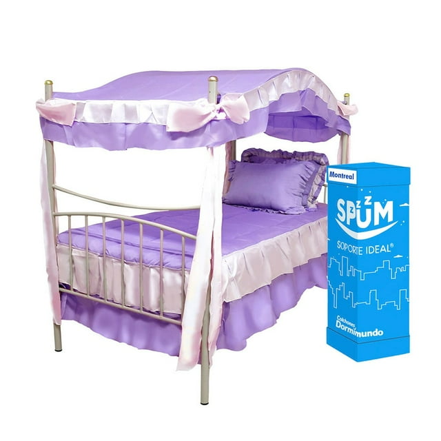 Paquete Individual colchón en caja Montreal + Cama princesa Almendra + Coordinado Krystal Lila