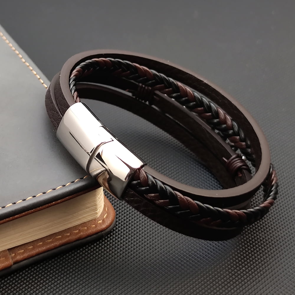 YIFSIY Brown Mutil-layer Braided Leather Bracelet with Six Pointed Star Stainless Steel Cuff Bracelet for Men Women