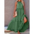 thumbnail image 6 of Women's Resort Style Ruffled Long Dress Round Neck Sleeveless Flowy Beach Dress with Pockets Green Calabash S, 6 of 9
