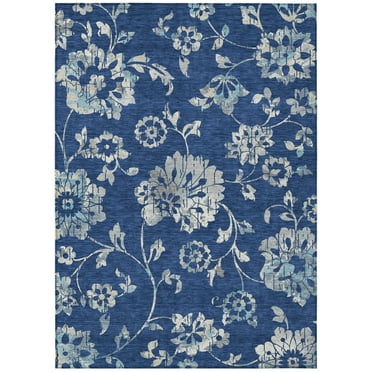 10' X 14' Navy Blue And Gray Floral Washable Indoor Outdoor Area Rug