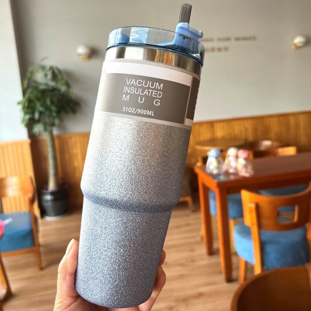 Taza de acero inoxidable de doble capa con diseño de pintura de diamante para coche, taza para helado, cerveza y café con pajita