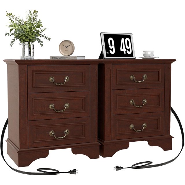 FIAKOA Table de Chevet de Style Ferme à 3 Tiroirs, Ensemble de 2 pour Chambre, Table de Chevet Rustique pour Salon, Brun Noyer