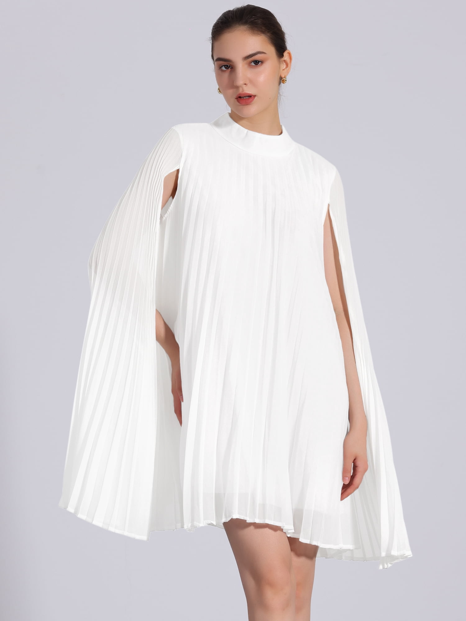 DARING DIVA Flowy Cloak Sleeve Cape Pleated Chiffon Dress XL White