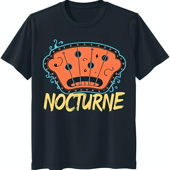 Whimsical Dulcimer Cartoon T-Shirt with 'Nocturne' Design on Black