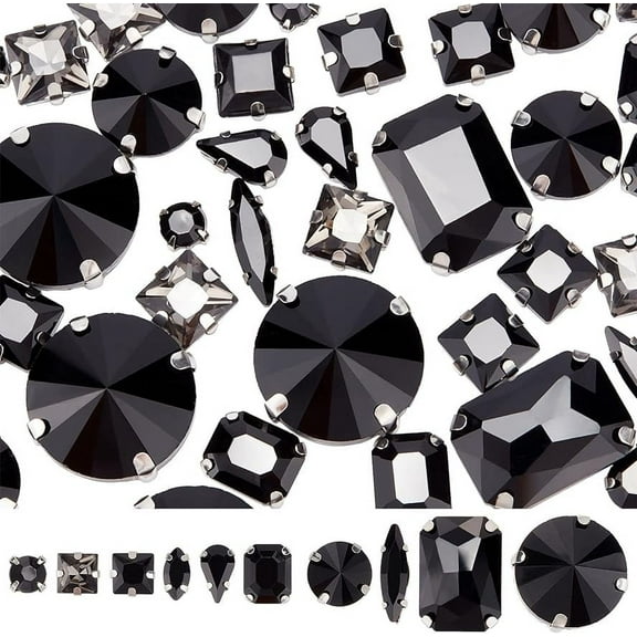 Black Sew On Rhinestones 100pcs 10 Shapes Glass Crystals Flatback Rhinestone Gems Diamonds Buttons with Silver Claw for DIY Costume Shoes Clothes Crafts Garment Jewelry Making