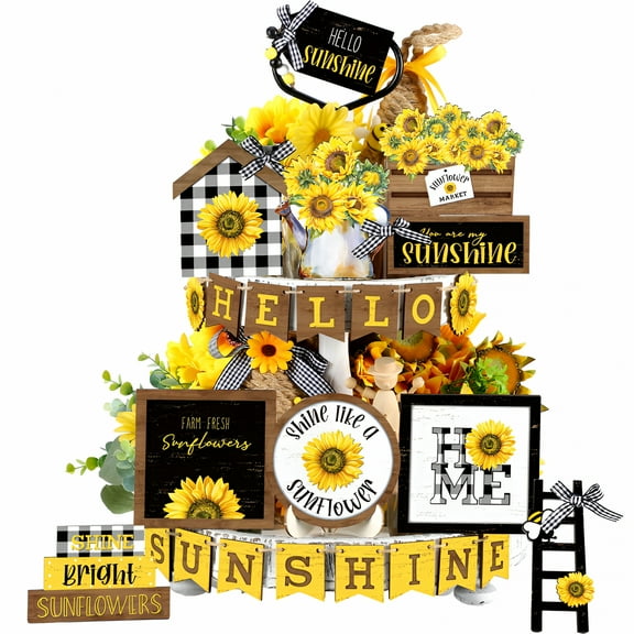 LAMIRO Sunflower Tiered Tray Decor Sunflower Decorations for Home Farmhouse Tray Decor Set Rustic Flower Table Top Decor Summer Tiered Tray Decor for Home Farmhouse Rustic Kitchen Decorations