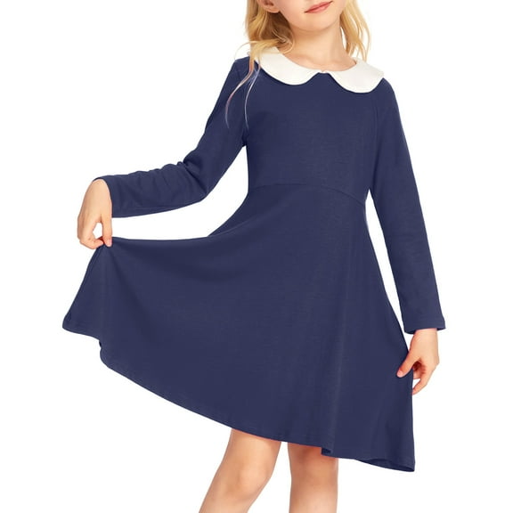 Oudiya Girls Long Sleeve Dress Casual Vintage Peter Pan Collar Swing Party Dress, 5-14 Years