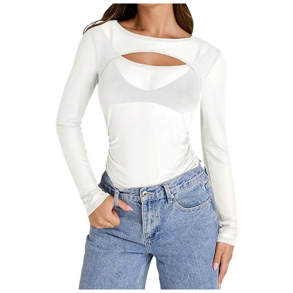 UJNDER Women's Mesh Long Sleeve Crew Neck Tops Cut Out Front Side Ruched Sheer Blouse Asymmetrical Hem Tops for Women Party Clubwear White M