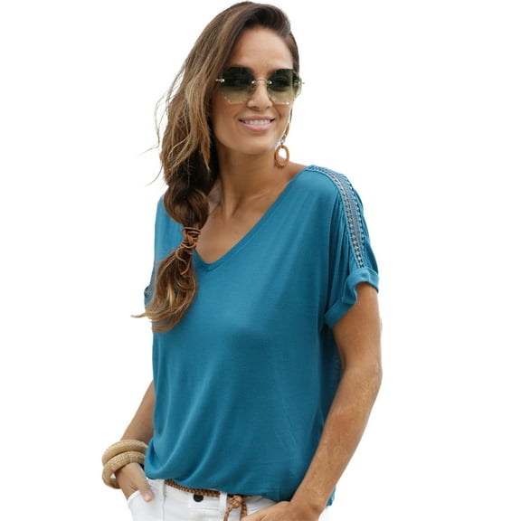 LASCANA Women's Crochet Insert V-Neck Top Crochet Detail