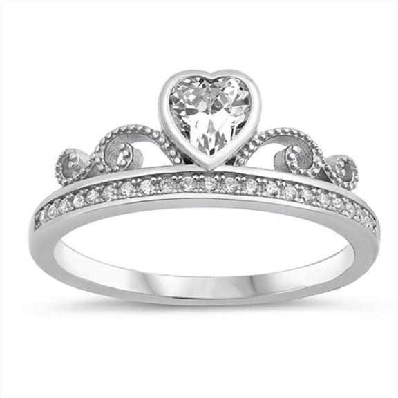 Clear Cubic Zirconia Heart Crown Ring Sterling Silver Size 9