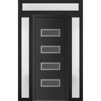 Front Exterior Prehung Metal-Plastic Door Frosted Glass | Manux 8113 Matte Black | 2 Side and Top Sidelite Transom | Office Commercial and Residential Doors Patio 64x94 (W14 36 14x80 14) Right-hand