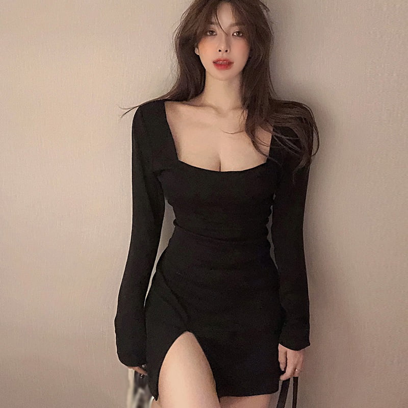 Sexy Dress Women Square Neck Bodycon Dress Women Black Long Sleeve Summer  Dresses Cotton Dress Party wear Women Clothing Black - Walmart.com
