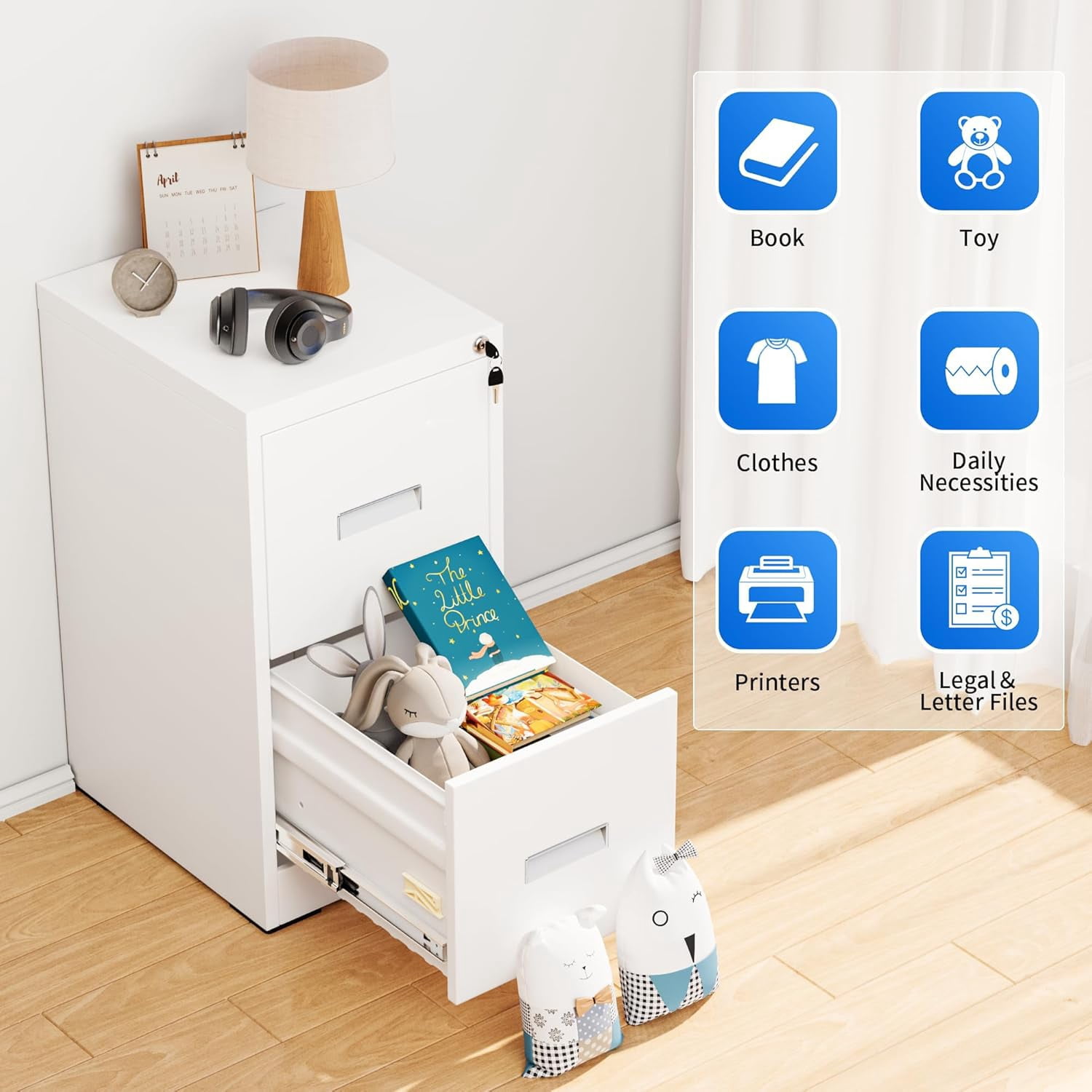 SOLAURA 2 Drawer Metal Vertical File Storage Cabinet with Lock for Home, Office, Steel File Cabinet for A4 Letter /Legal Size (White)