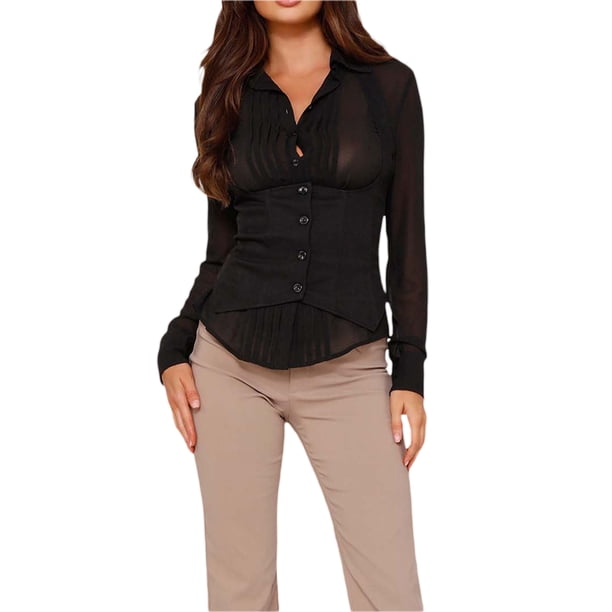 Sunloudy Conjunto de blusa casual para mujer, camisa de solapa de color sólido de manga larga + chaleco ajustado, blanco Sunloudy moda