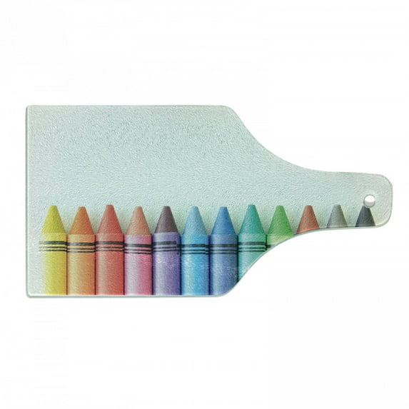 Crayon Cutting Board, Close up Photo of Various Color Painting Crafts in Straight Border Children Themed, Decorative Tempered Glass Cutting and Serving Board, in 3 Sizes, by Ambesonne