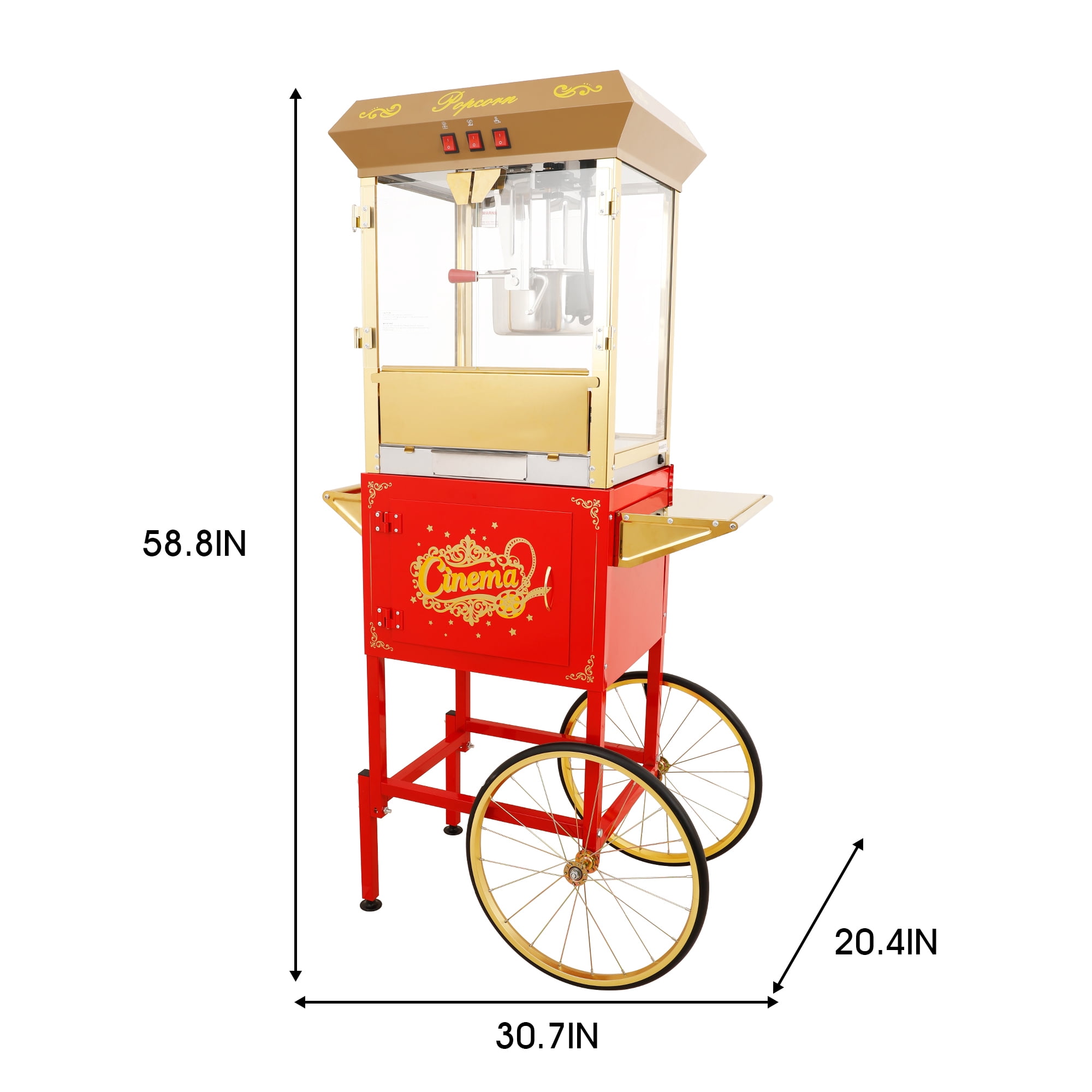 Leumius 16Oz Commercial Popcorn Machine With Cart and 16 Oz Kettle, Red Golden Pop Corn Machine with 3-Switch Control & Steel Frame Tempered Glass Doors for Parties, Events, Home Theater Red