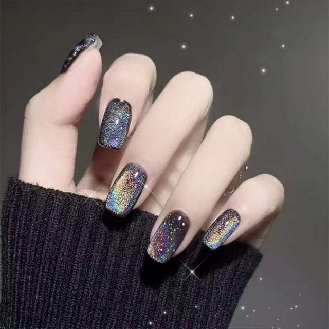 24 pcs Rainbow Cat Eye Press On Nails - Handmade Full Cover Short Fake Nails for Women - Coffin False Nails for a Bold and Eye-Catching Look