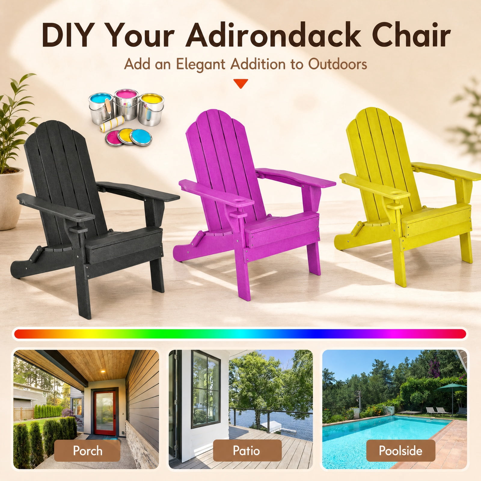 Furnibear Foldable Weather Resistant Adirondack Patio Chair with Built-In Cup Holder and Wide Armrests for Porch Backyard and Poolside, Black