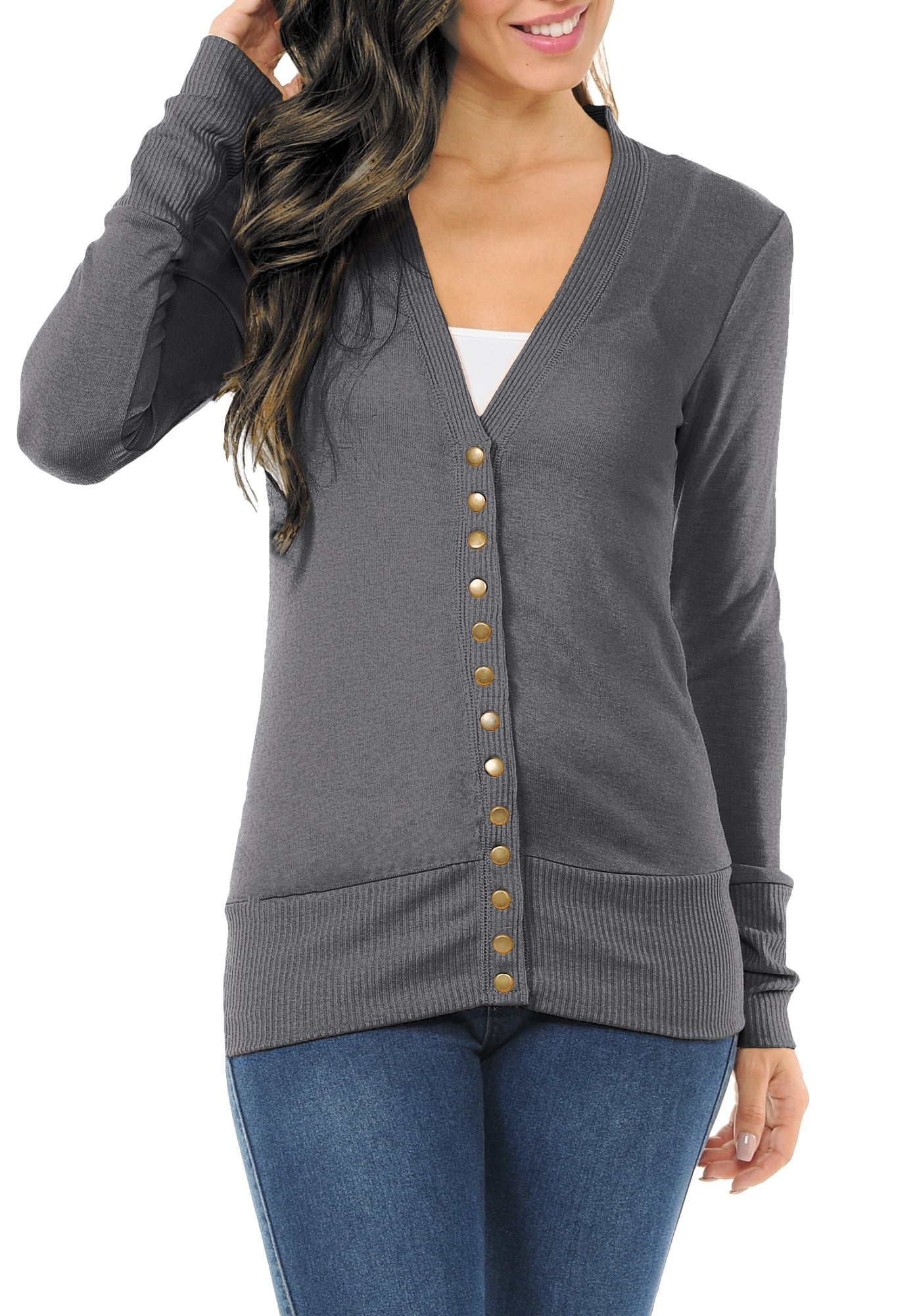 Clothing Ave - Long Sleeve Snap Button Sweater Cardigan w/ Ribbed ...