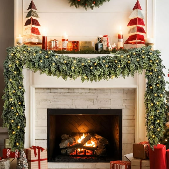 LEJHVAQK 9FT Artificial Cedar Christmas Garland with LED Lights - Real Touch Winter Pine Garland, Green Artificial Greenery Garland for Table, Mantle, Wall, Indoor, Outdoor Christmas Decorations