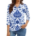 thumbnail image 3 of Women's 3/4 Sleeve Button Up Shirt with Lapel Collar and Floral Print, Casual Fashion Top for Daily Wear, Lightweight Summer Blouse Blue L, 3 of 7