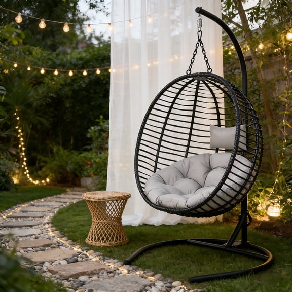 Wicker Egg Chair with Stand, Hanging Egg Chair Indoor Outdoor, Swing Chair with Adjustable Feet for Balcony, Bedroom, Black   Gray