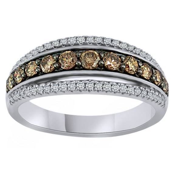 AFFY Round Cut Brown & White Natural Diamond Triple Row Band Ring In 14K Solid White Gold