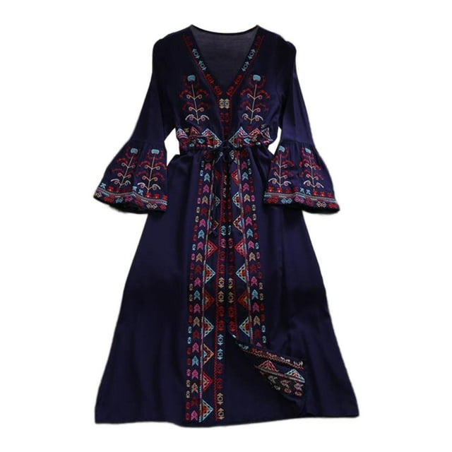 Vestido largo bohemio de estilo étnico con mangas acampanadas y bordado floral para mujer Azul oscuro