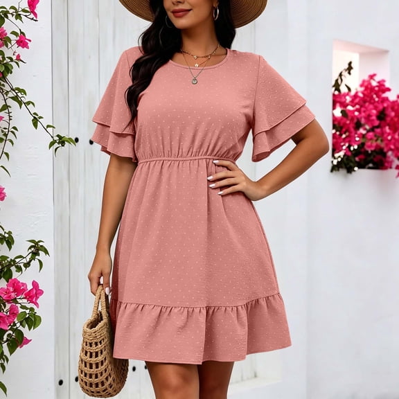 QUNYINEY Polka Dot Dresses Women Short Sleeve Plus Size Summer Midi A Line Dress Crew Neck Loose Fit Casual Ruffle Dresses