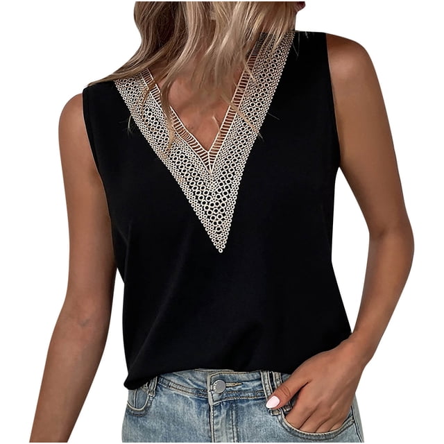 Bigersell Hauts de Travail pour Femmes Mode Décontractée Couleur Unie Col en V Débardeur Sans Manches Dentelle Gilet Plus Muscle Col Rond Manches Courtes Chemises Boutonnées Style B24151, Noir P
