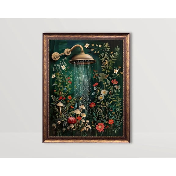 Botanical Bathroom, Floral Shower Wall Art, Cottagecore Print, Mushroom Decor, Bath Flowers Dark Green Prints, Moody Wildflowers Poster, Unframed Poster Size 8x12