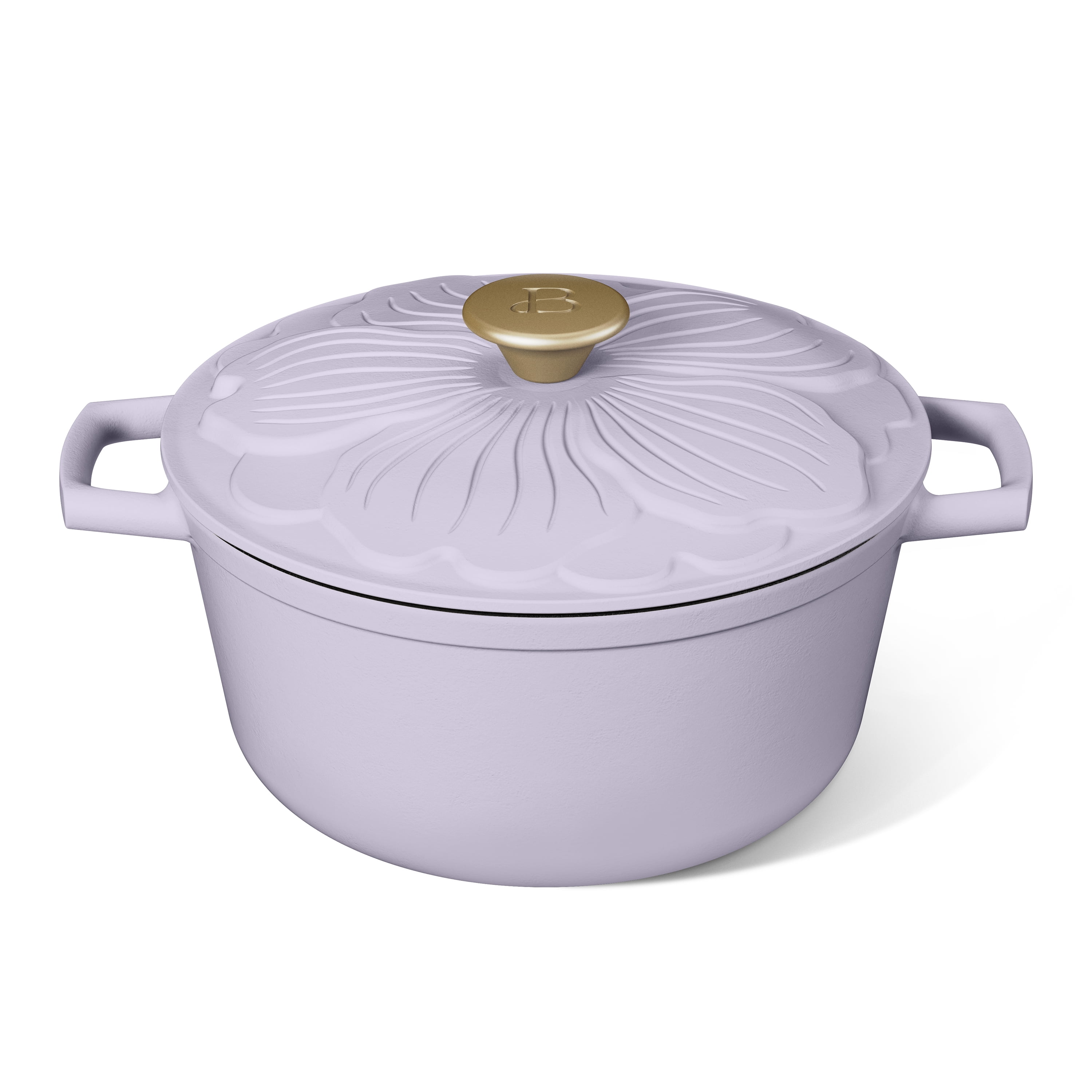 Beautiful 4 Quart Enameled Cast Iron Round Dutch Oven with Petal Design Lid, Lavender by Drew Barrymore