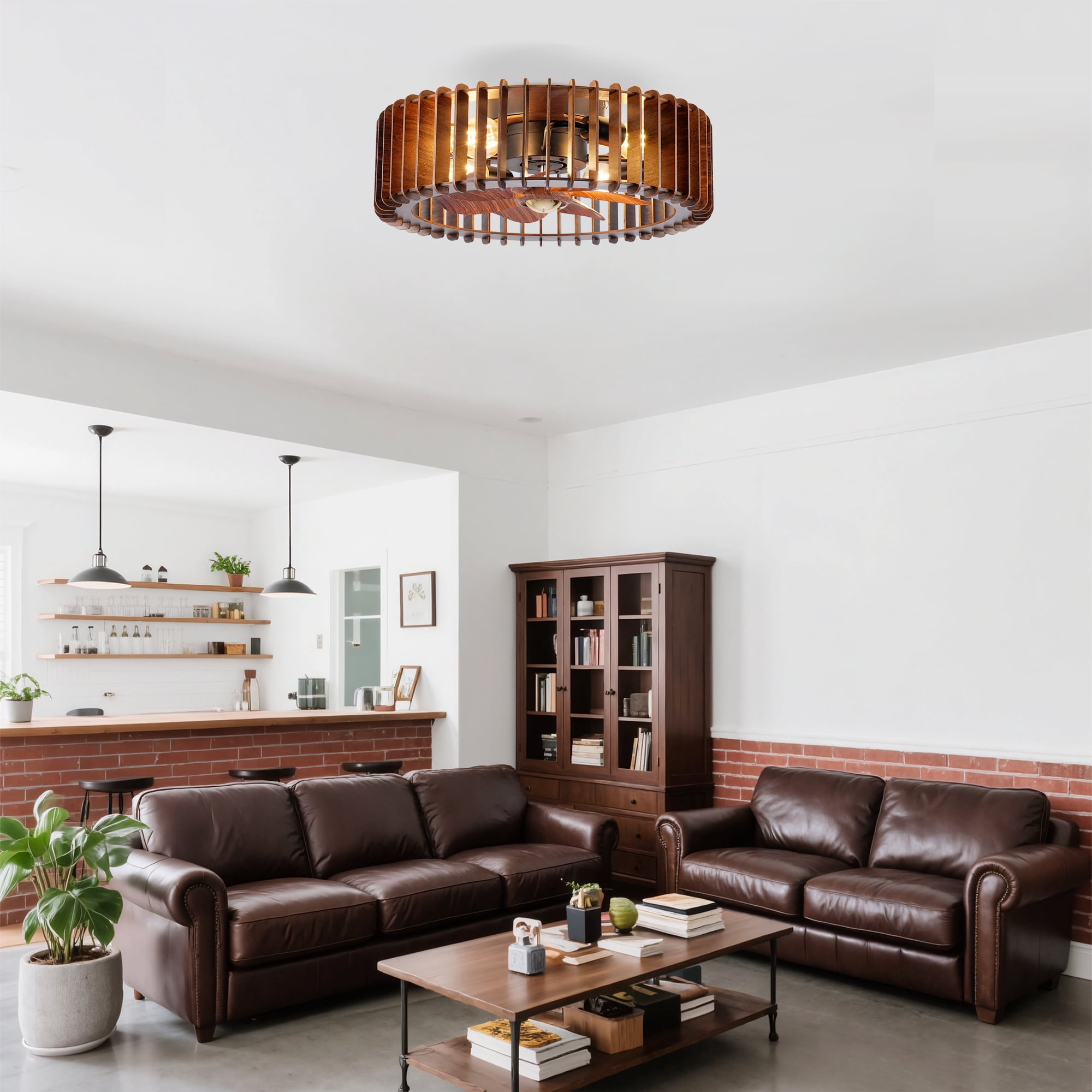 20" Modern Flush Mount Fan Light,Ceiling Fans with Lights and Remote Control, 6 Speeds, Quiet DC Motor For Living Room, Bedroom, Kitchen, Wood (No Included Bulbs)