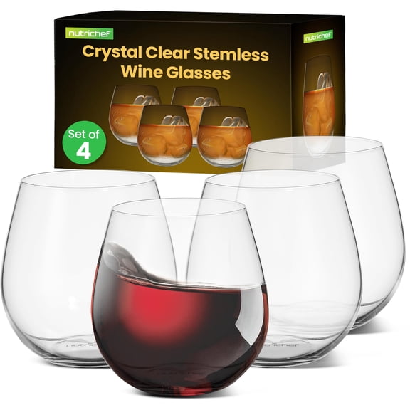 NutriChef 4Pcs Modern Clear 15oz Stemless Wine Glasses NGWINE44