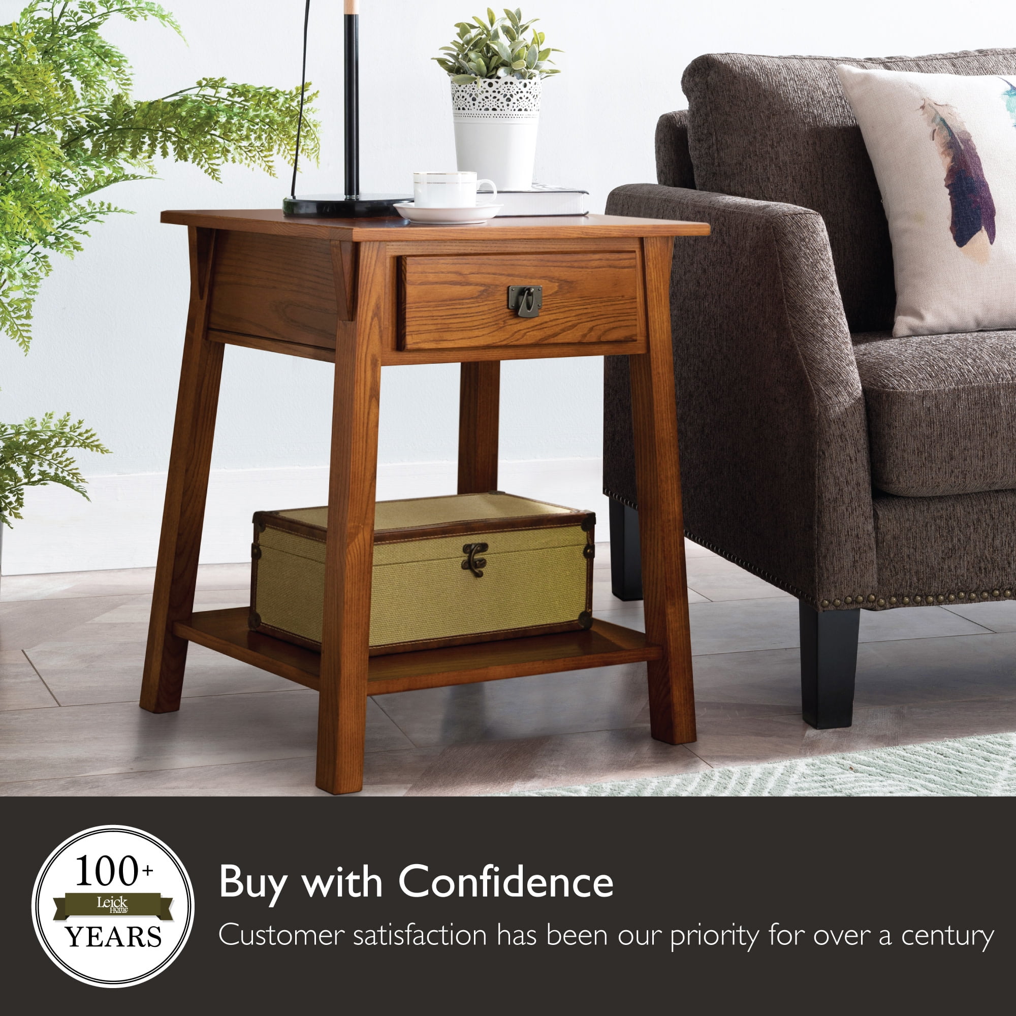 Leick Home Mission Solid Wood End Table with Drawer and Shelf, Russet Finish