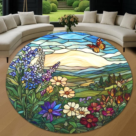 Round Area Rug, Wildflowers5 Art Design Non-Slip Floor Mat, Soft Washable Carpet for Living Room Bedroom Decor 31 Inch