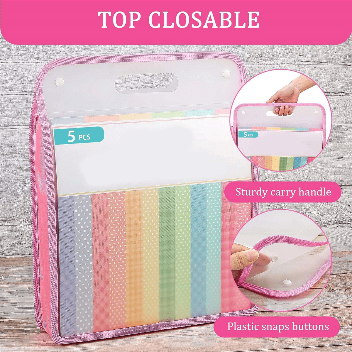 5 Pack Scrapbook Paper Organizer, Pink Expanding Paper , Portable Scrapbook Paper Storage with Button Closure