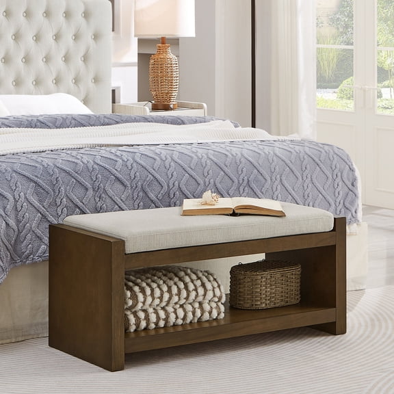 FFZ 40"L Accent Bench with Lower Shelf and Padded Seating, Beige