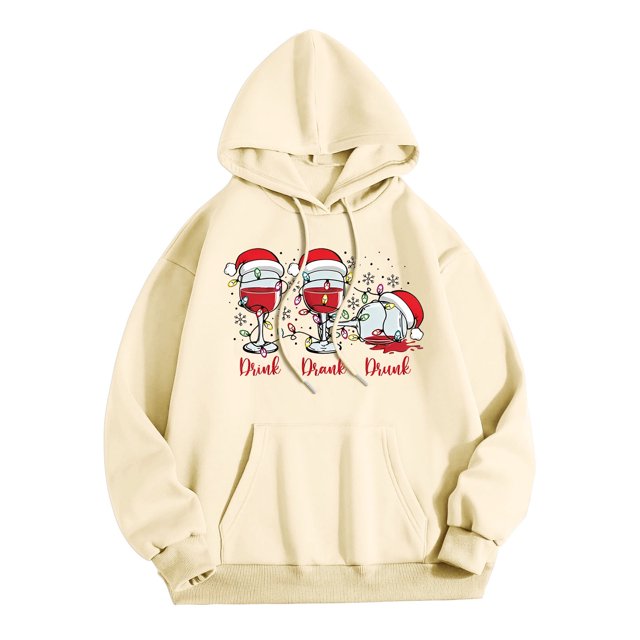 WEAIXIMIUNG Robe Sweat Femme Chandail à Capuchon Décontracté Col Rond Poche Noël Verre Chapeau de Noël Imprimé Chandail à Capuchon