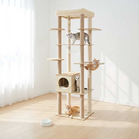 Pefilos 71" Wooden Cat Tower for Adult Cats, Modern Cat Tree Tower with Cozy Condo, Kitty Climbing Play House for Indoor Cats, Beige
