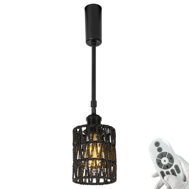 FSLiving Remote Control H-Type Track Spotlight Twine Natural Rattan Pendant Light 4W Smart Edison LED Bulbs Dimmable Black Light with Telescoping Rod Adjustable Lamp-Post Decorate for Shop Kitchen