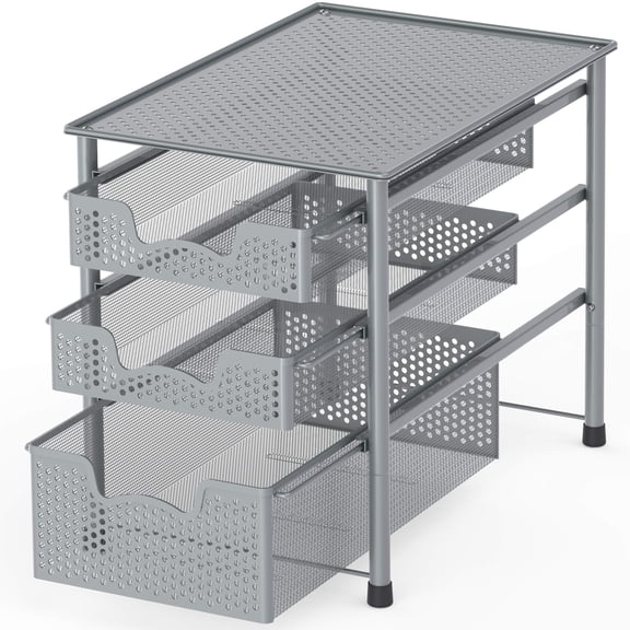 3-Tier Silver Sliding Basket Cabinet Organizer