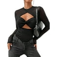 thumbnail image 2 of hirigin Women Crop Long Sleeve Shirt Casual Solid Color Cutout See-through Mesh Basic Tops Streetwear Clubwear, 2 of 8