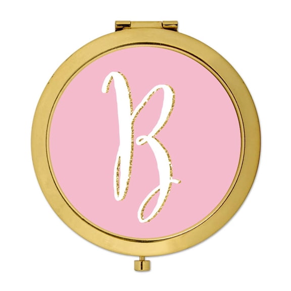 Koyal Wholesale Gold Compact Mirror Bridesmaid's Wedding Gift, Blush Pink Faux Gold Glitter, Monogram Letter B, 1-Pack