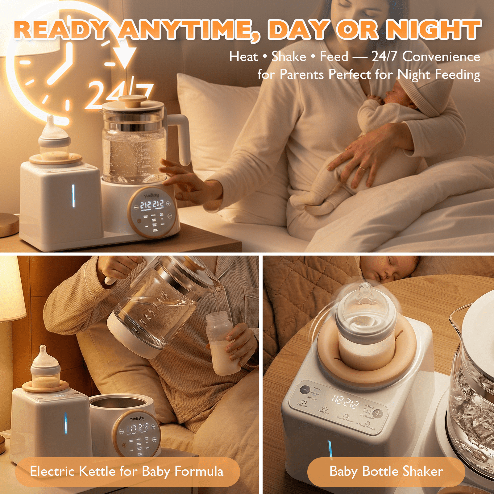 YunBaby 2-in-1 Baby Bottle Warmer & Formula Maker with Electric Kettle, Automatic Rotating Bottle Shaker, Fast Heating Water Warmer with Temperature Control for Formula, Breastmilk & Night Feeding