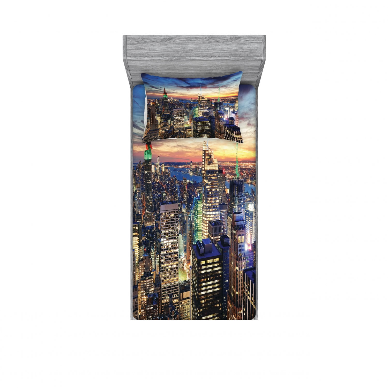 New York Bedding Set with Sheet & Covers, Skyline of NYC Urban Skyscrapers at Sunset Dawn
