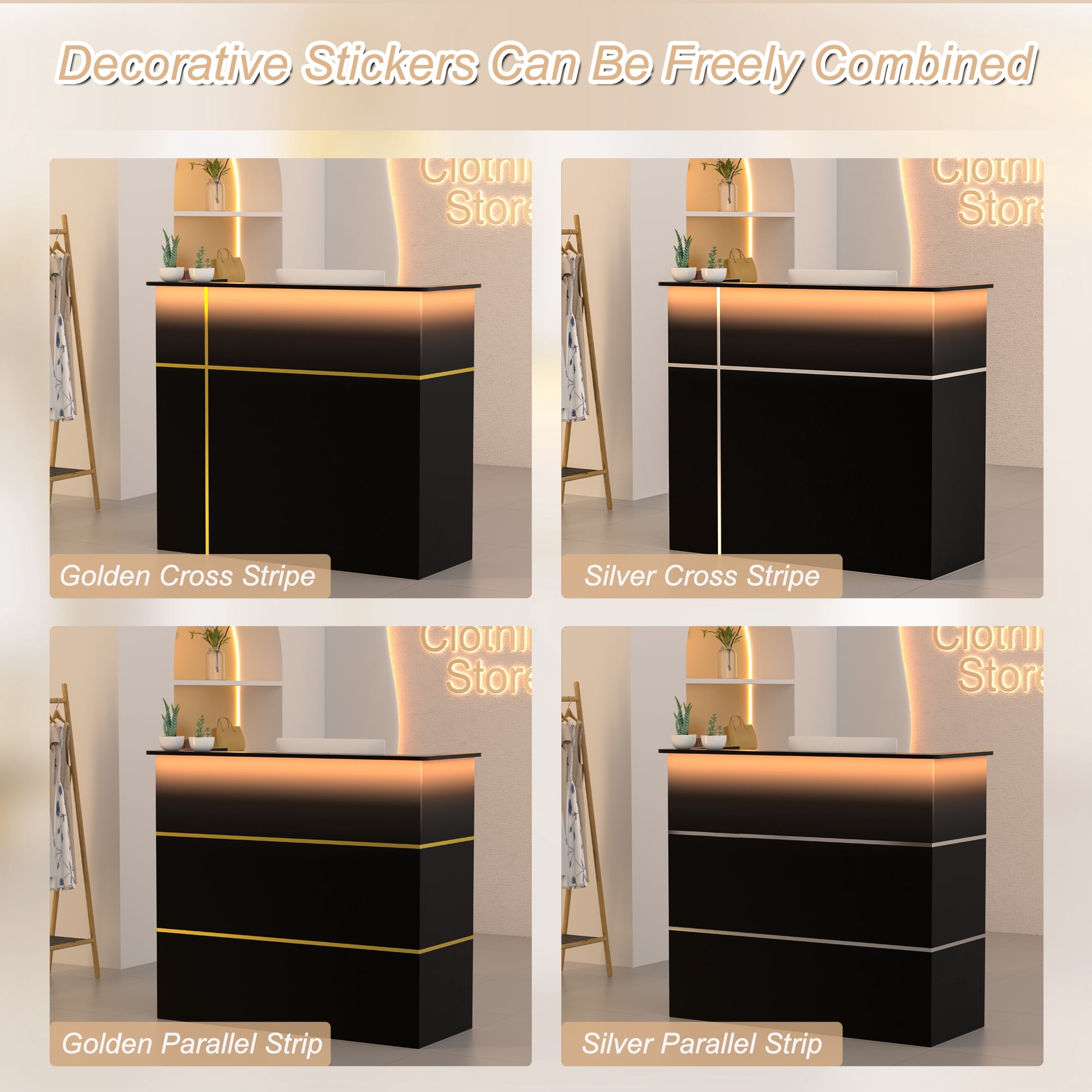 HARIPUL 50-inch Reception Desk with Counter, Front Desk Office Desk with Storage Shelves & LED Lights, Black
